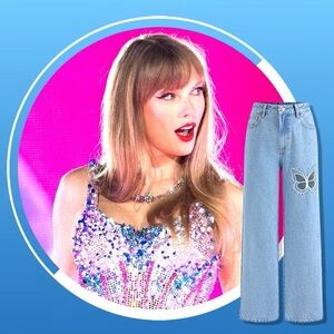 Cider light blue butterfly embellished wide straight leg jeans XS